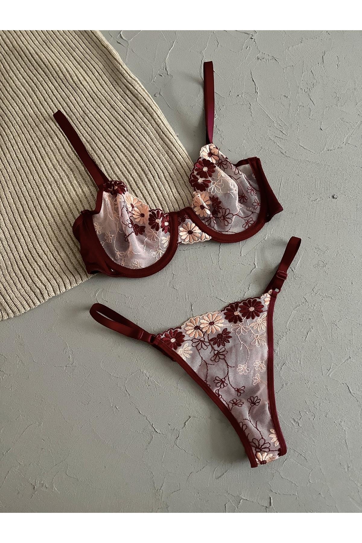 Burgundy Powder Pink Bralette Set with Floral Details