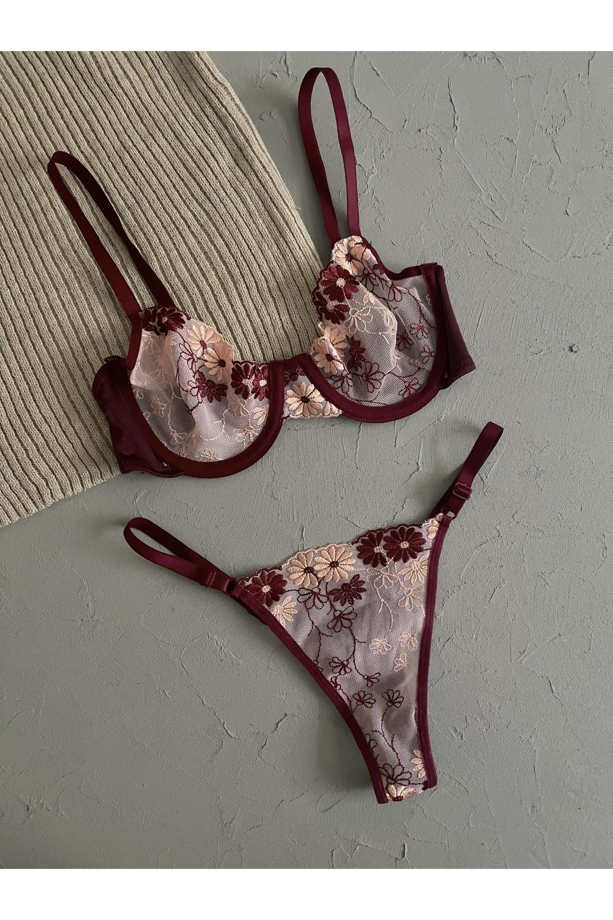 Burgundy Powder Pink Bralette Set with Floral Details
