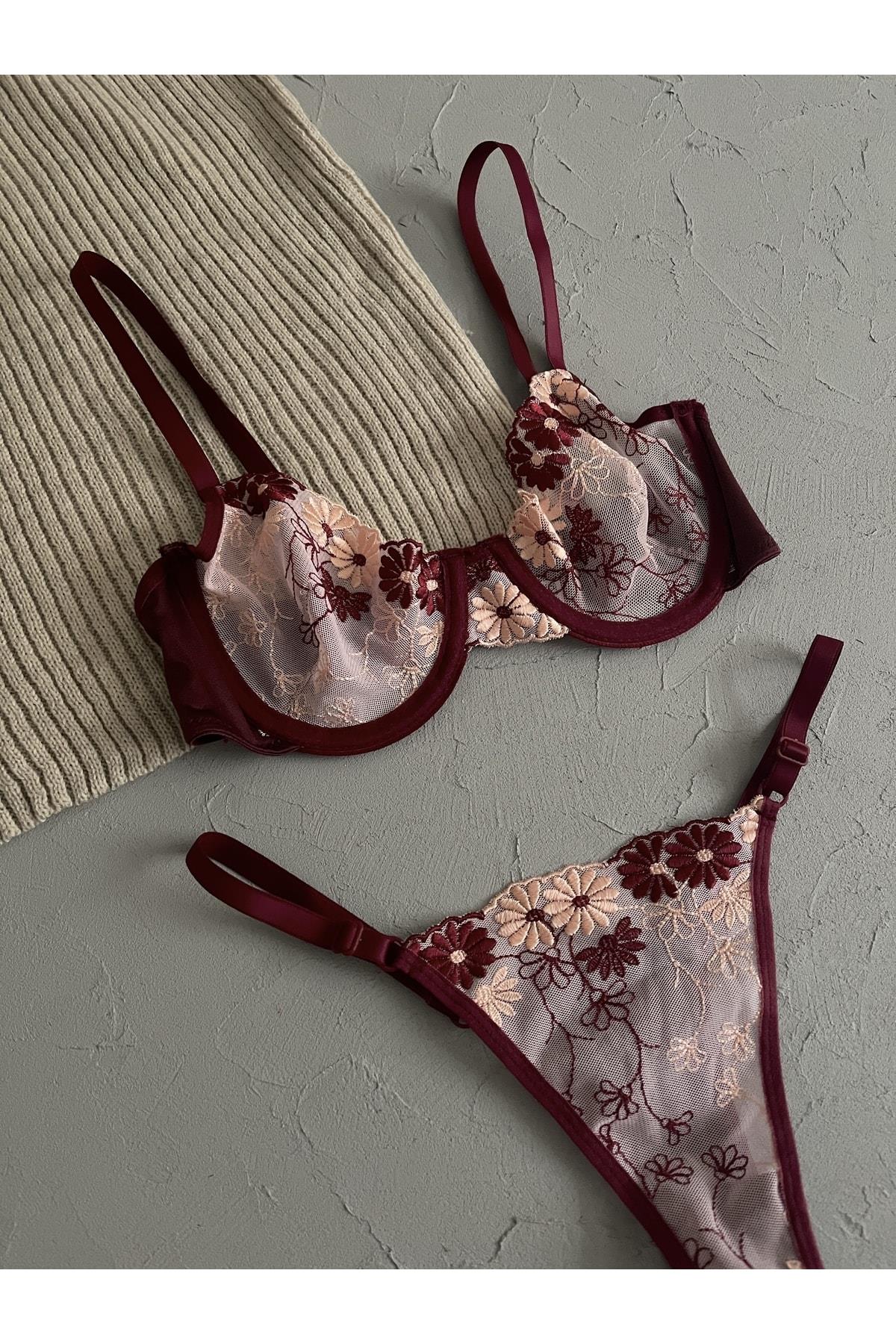 Burgundy Powder Pink Bralette Set with Floral Details