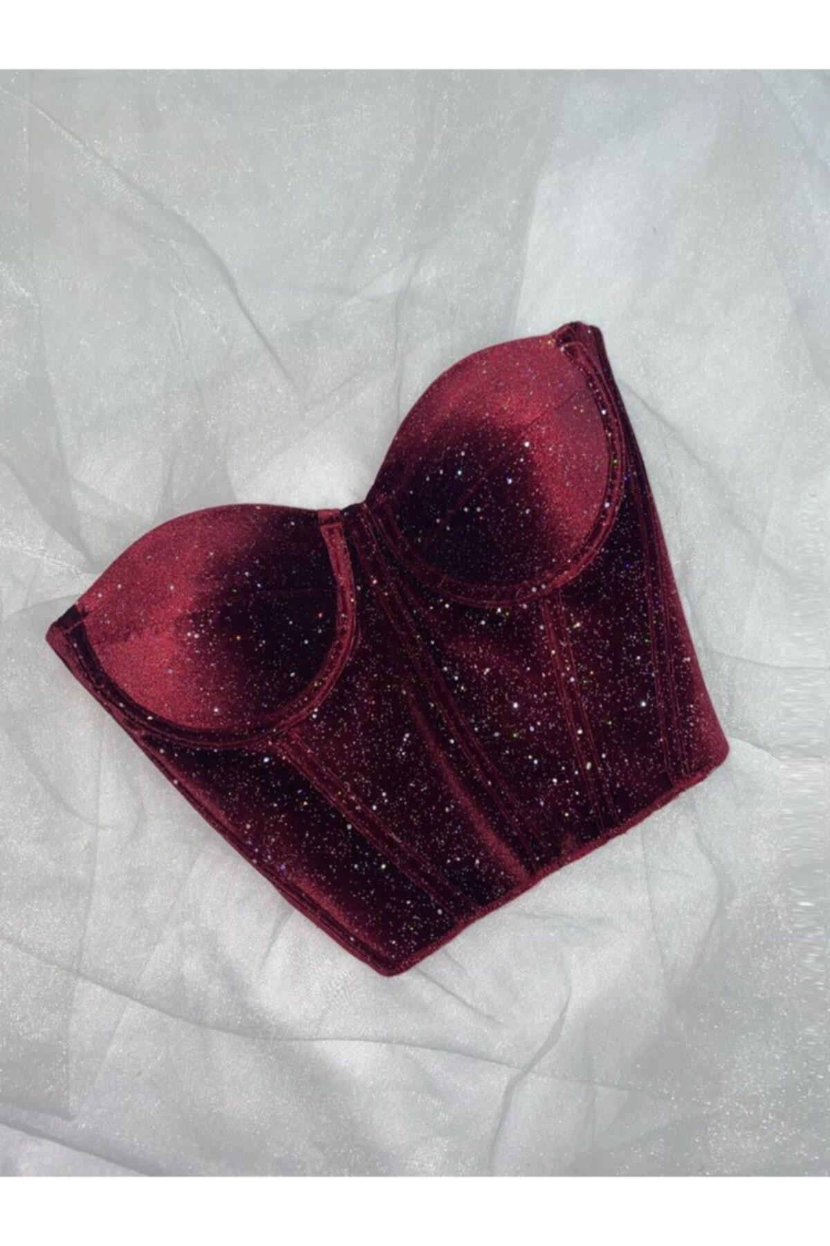 Bordo Yılbaşı Özel Parlak Vintage Korse Büstiyer