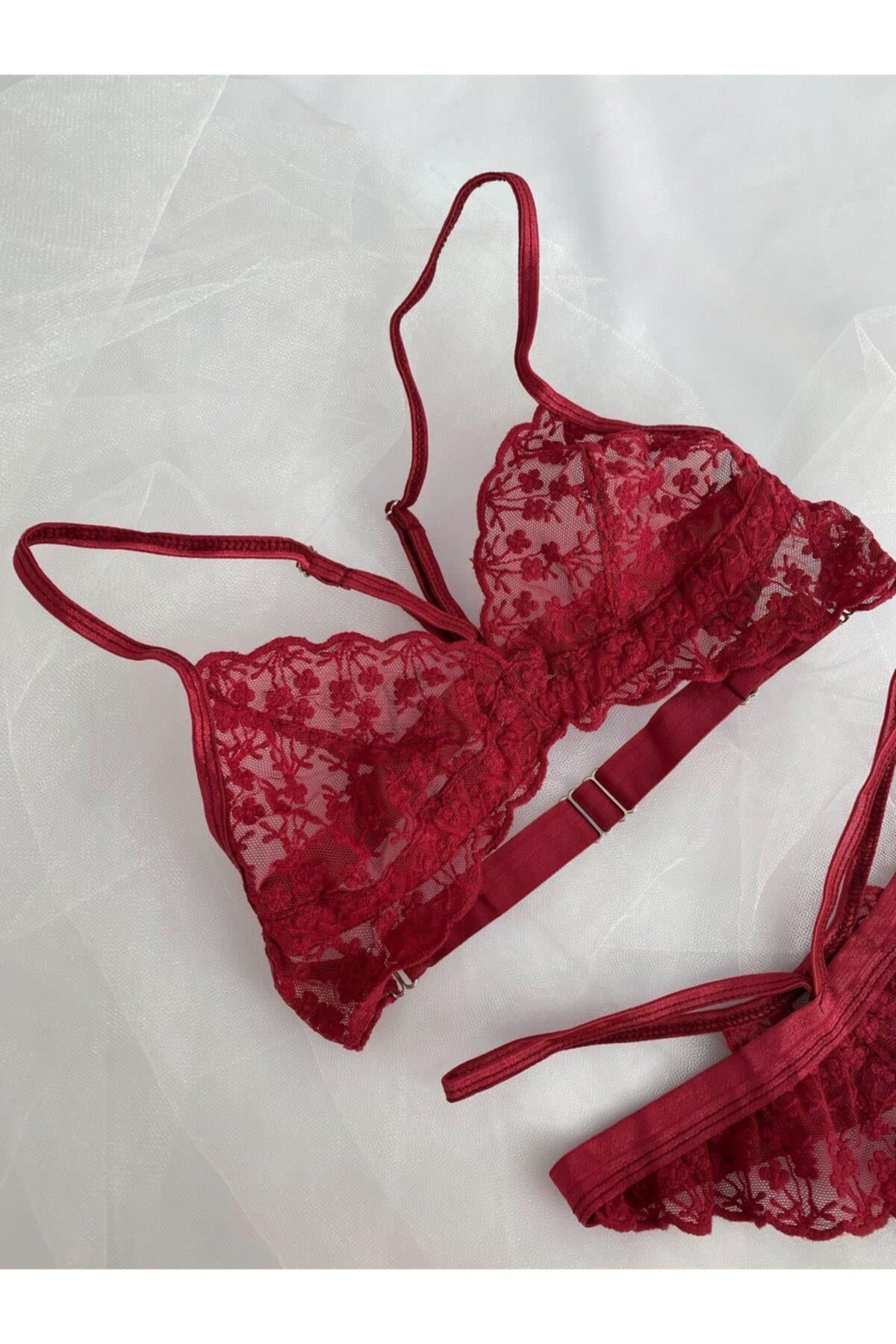 Çiçek Desenli Bordo Bralet Takımı