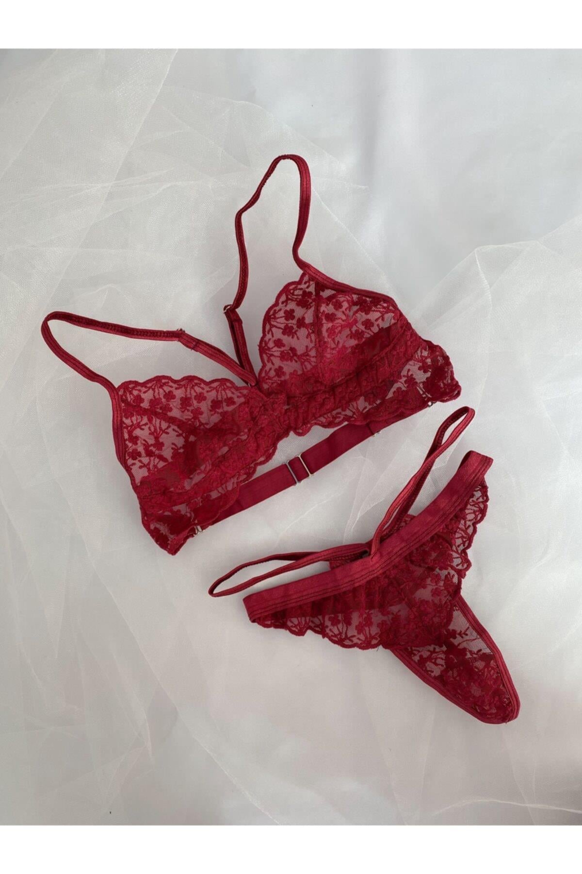Çiçek Desenli Bordo Bralet Takımı