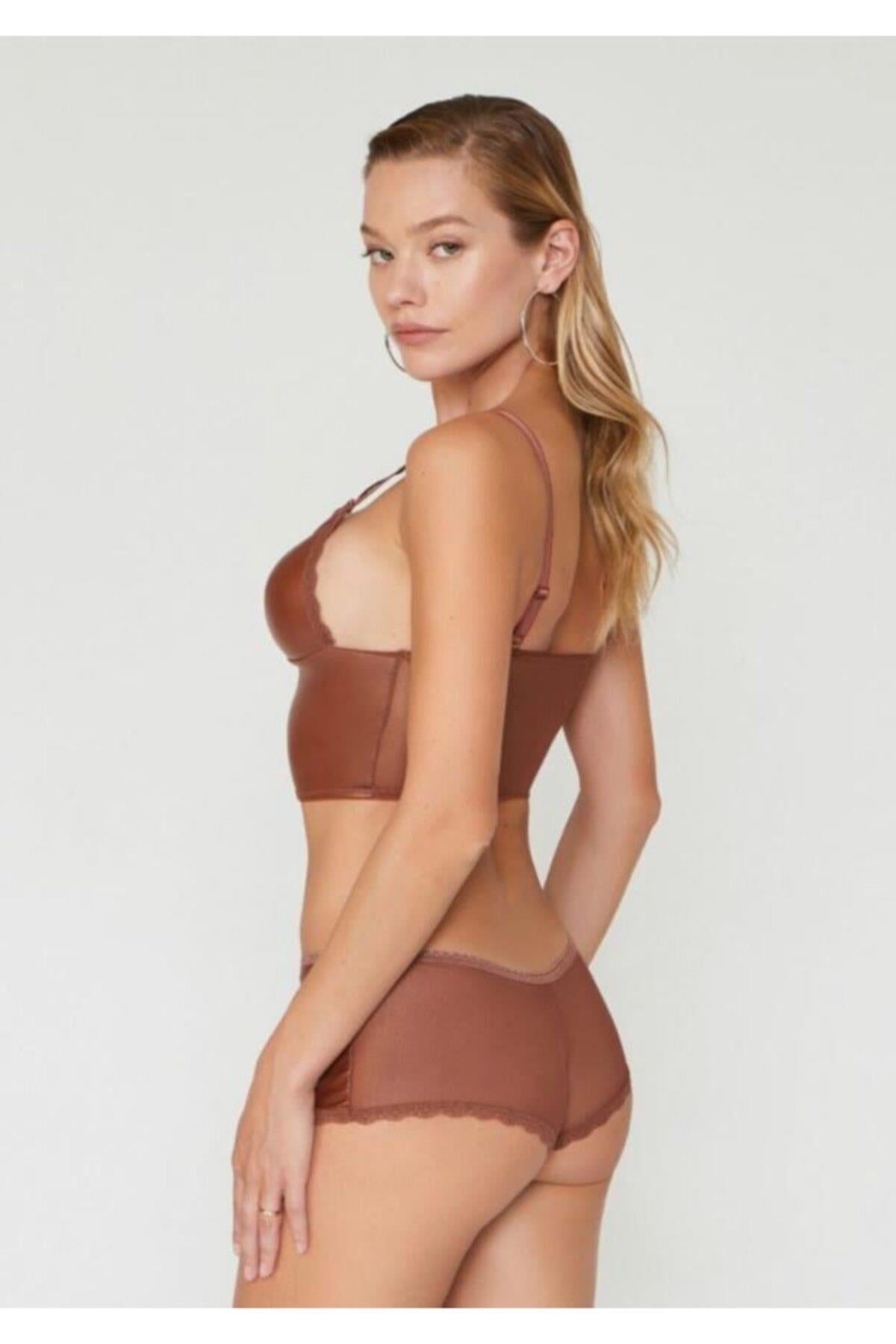 Brown Push-Up Bralette Set with Leather Look