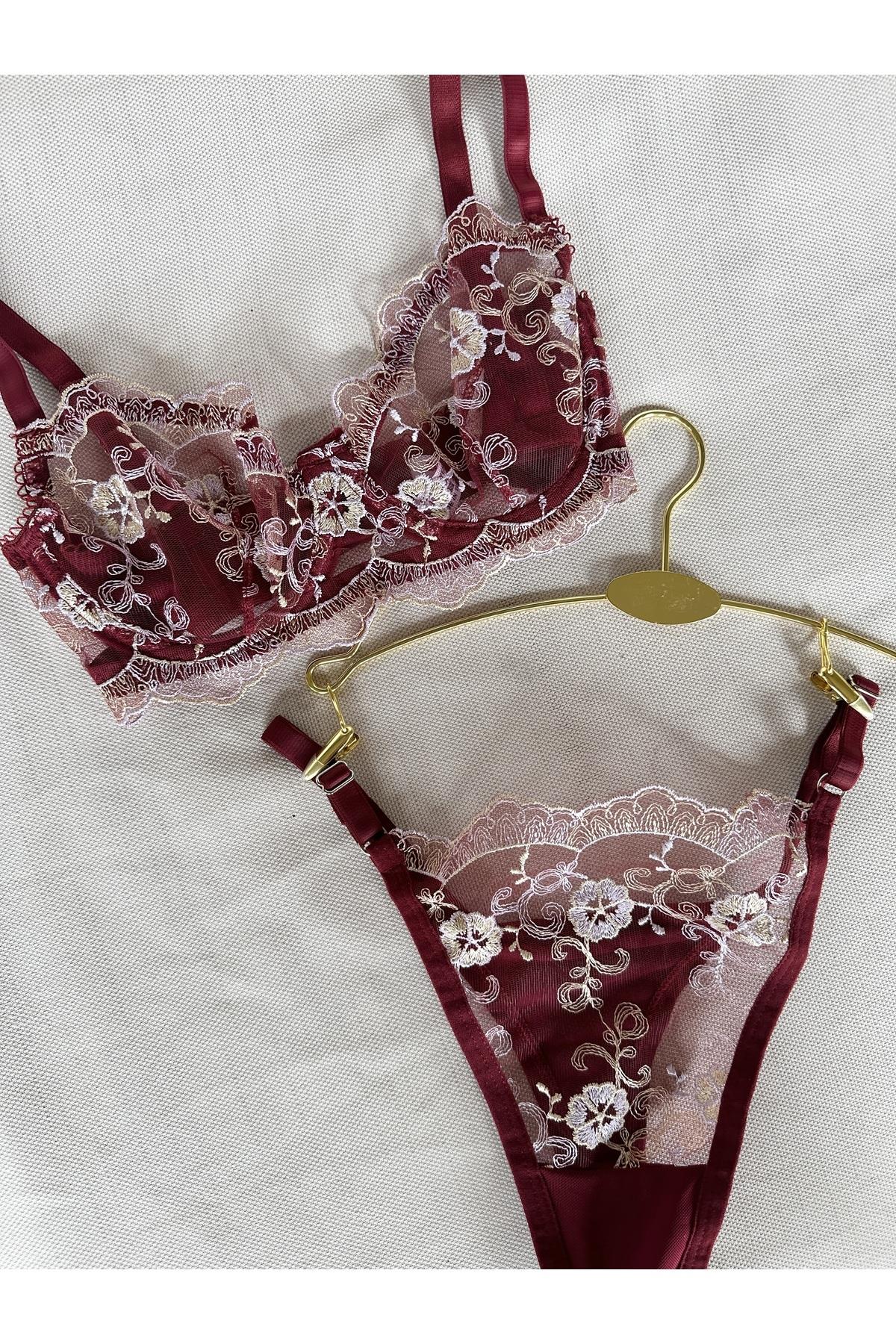 Elena Burgundy Lace Embroidered Bralette Set