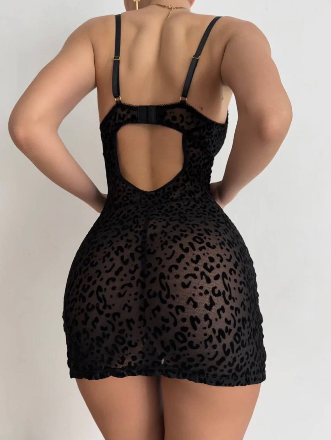 Siyah Mini Leopar Baskılı Transparan Elbise