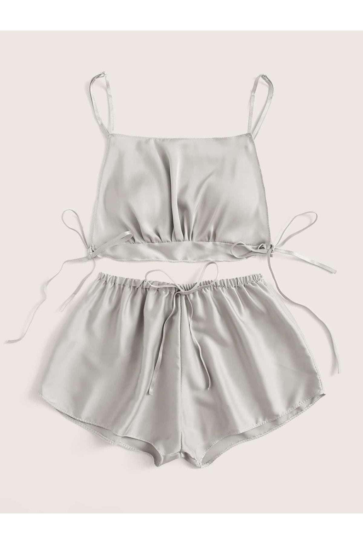 Grey Satin Bralette Shorts Set