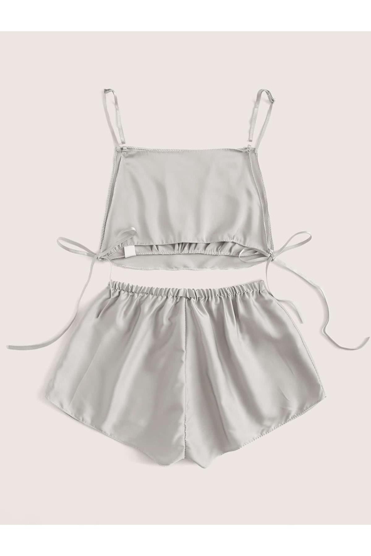 Grey Satin Bralette Shorts Set