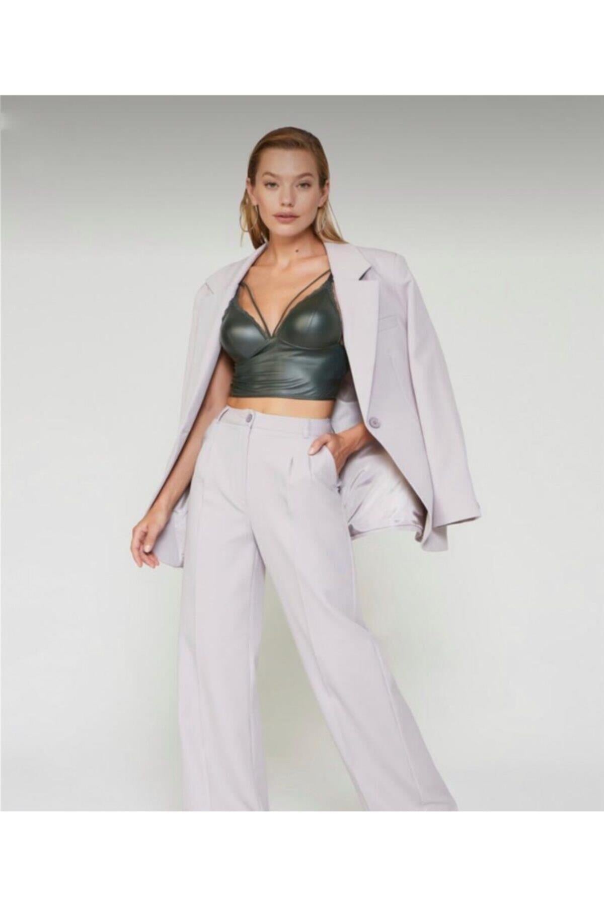 Khaki Leather Push Up Bralette Set