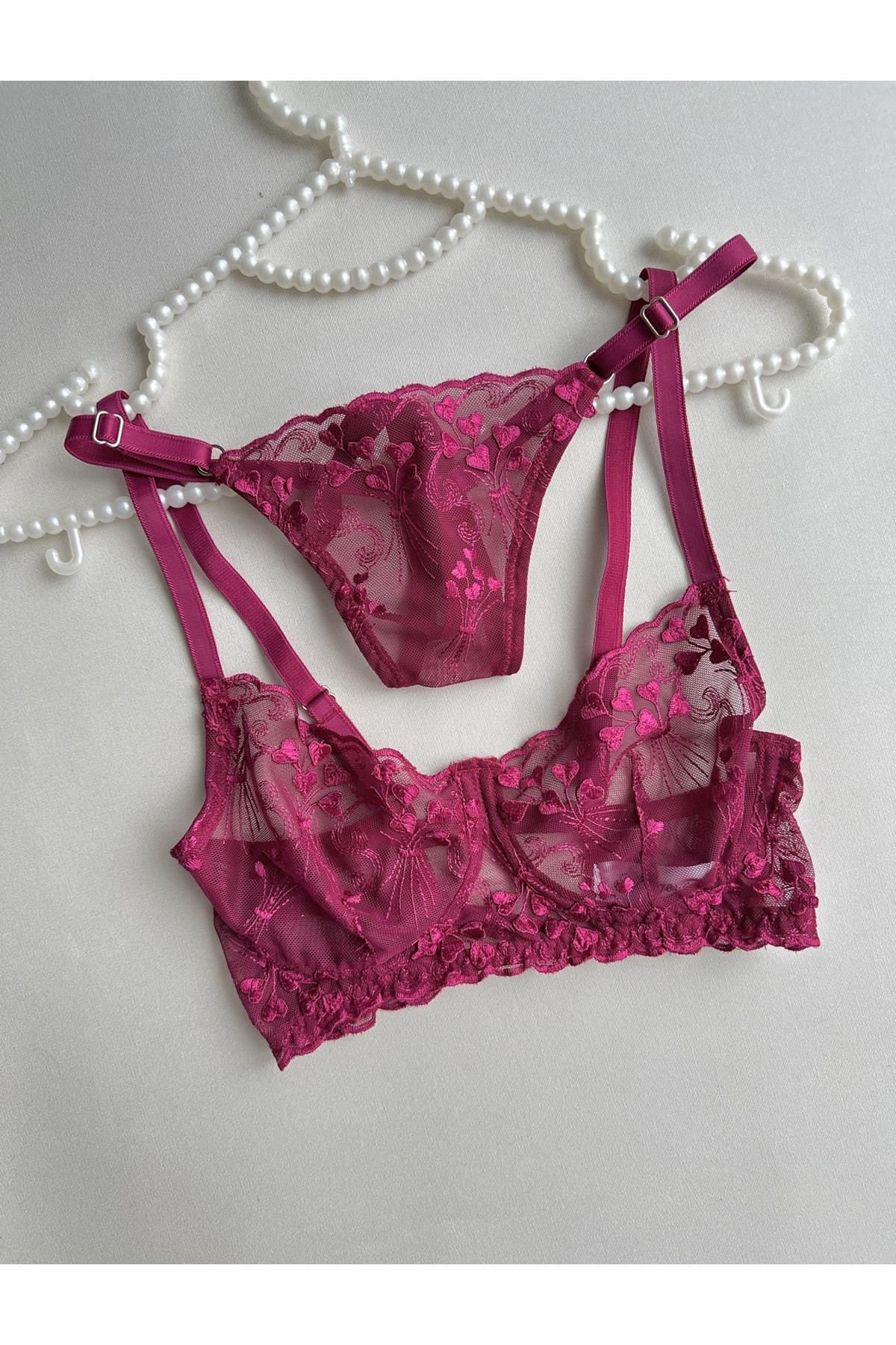 Cherry Red Bralette Set with Embossed Heart Pattern