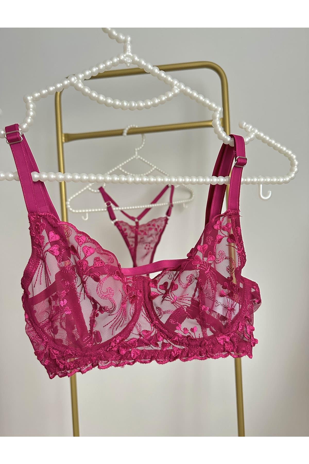 Cherry Red Bralette Set with Embossed Heart Pattern