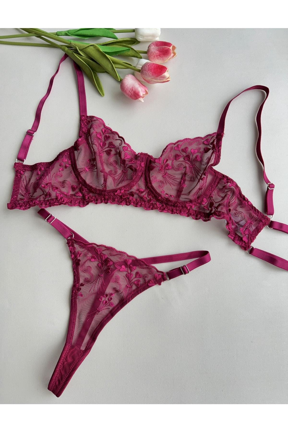 Cherry Red Bralette Set with Embossed Heart Pattern