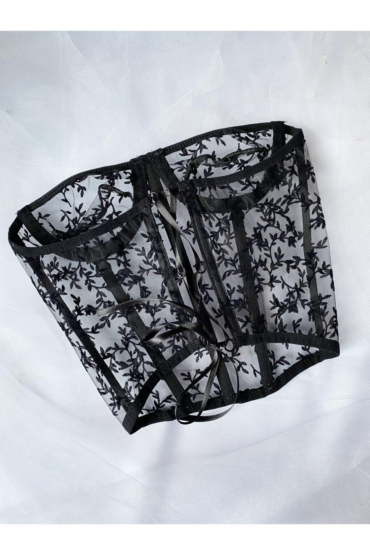 Kadın Siyah Çiçek Desenli Vintage Korse