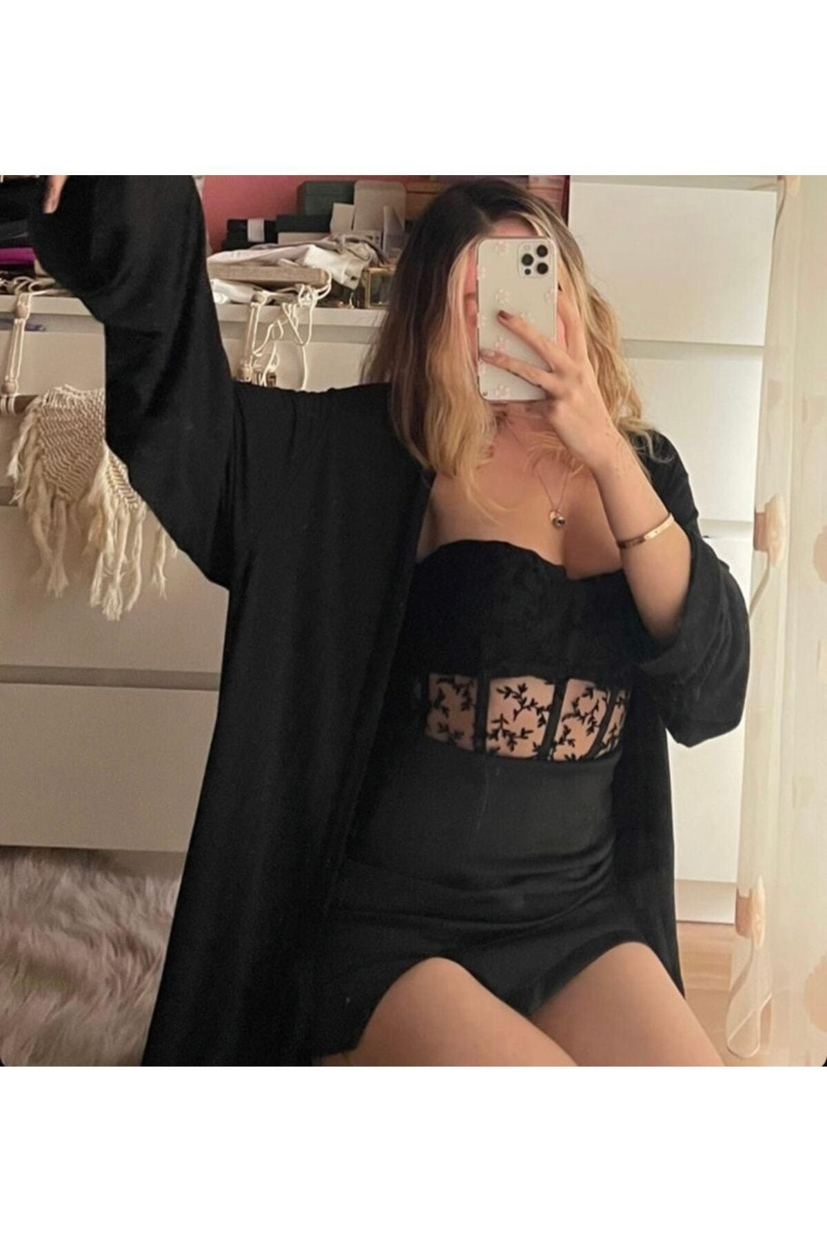 Kadın Siyah Çiçek Desenli Vintage Korse