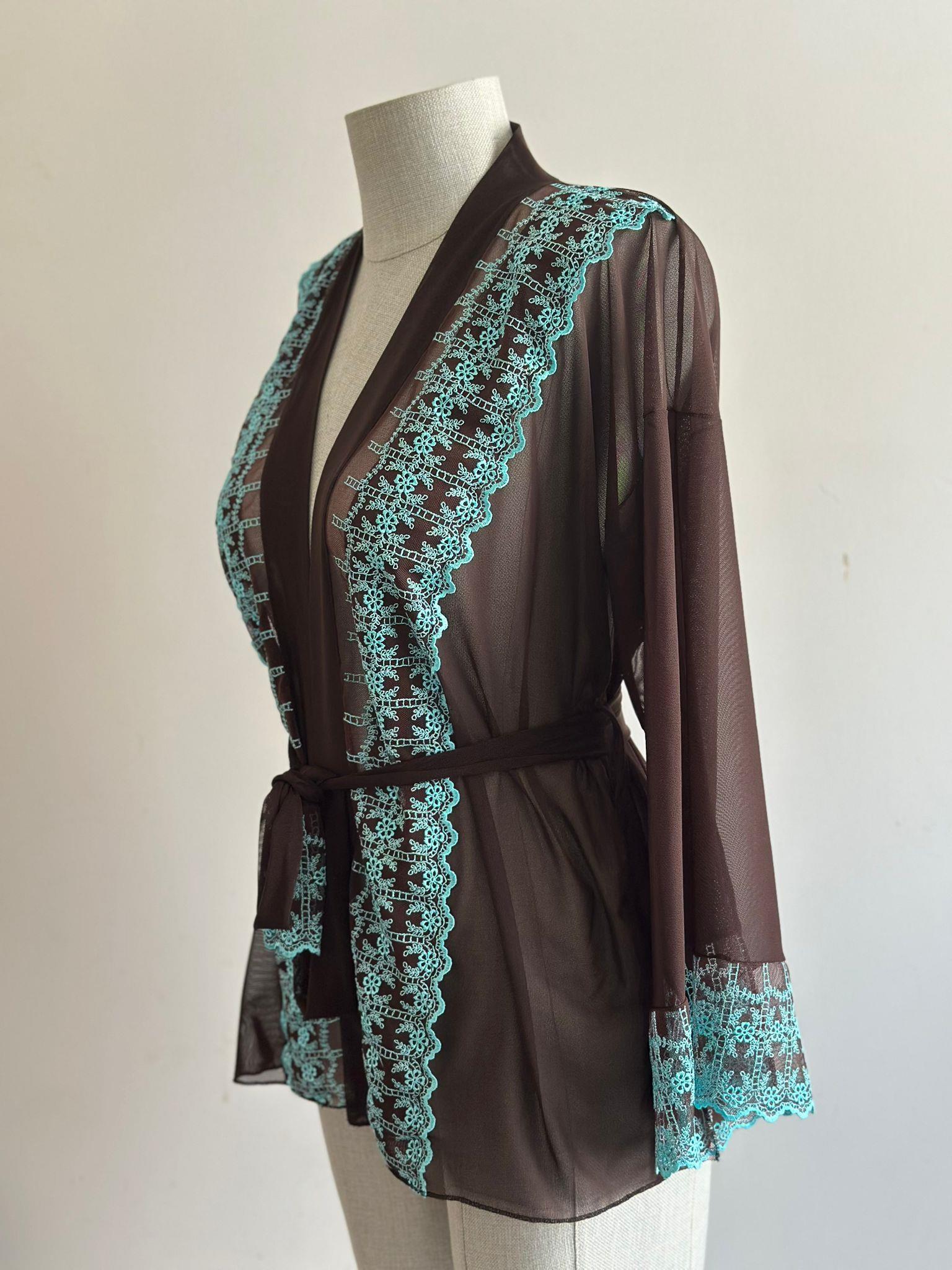 Brown Lace Embroidered Mini Tulle Robe