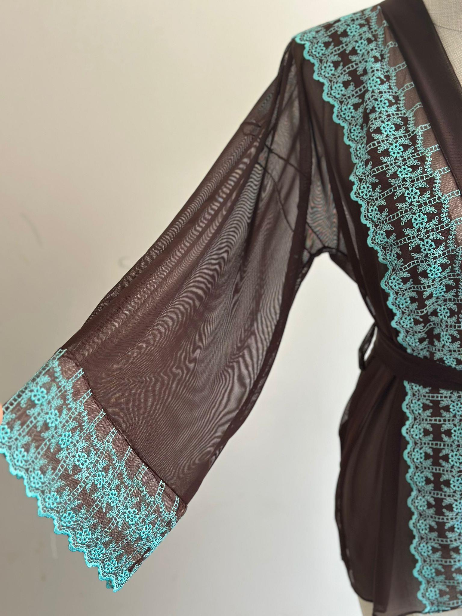 Brown Lace Embroidered Mini Tulle Robe