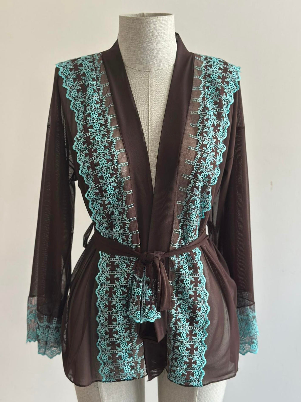 Brown Lace Embroidered Mini Tulle Robe