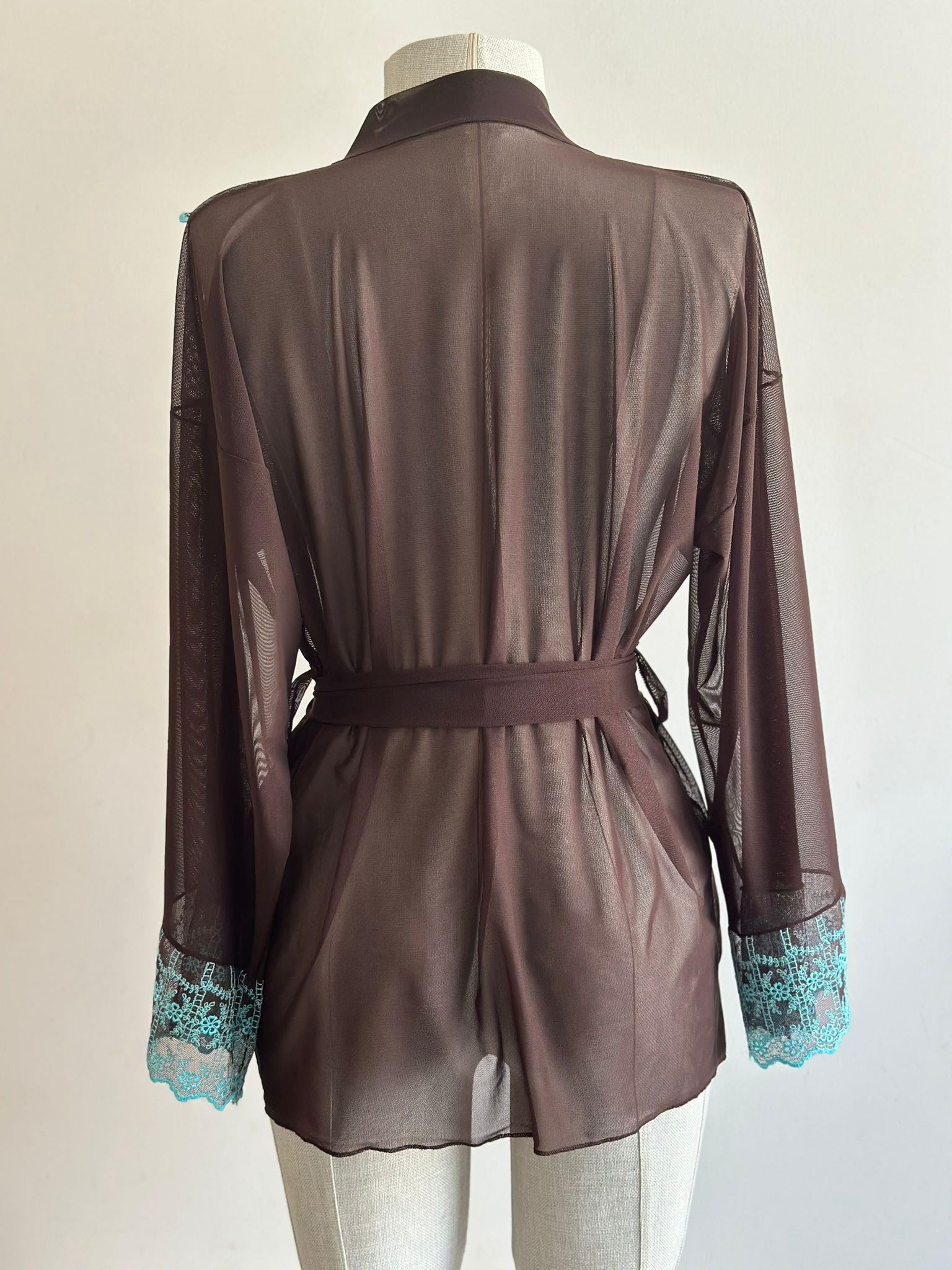 Brown Lace Embroidered Mini Tulle Robe