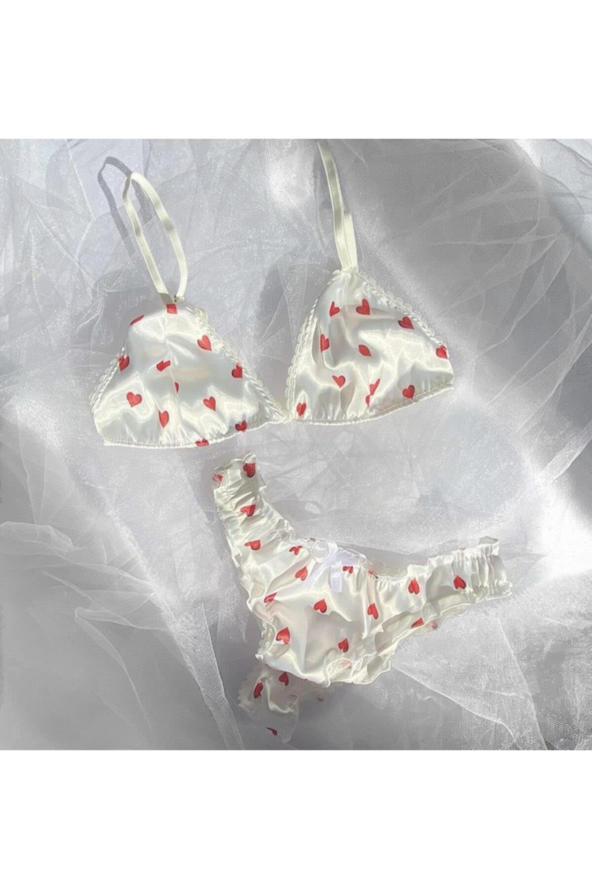 Heart Patterned Satin Bralette Set