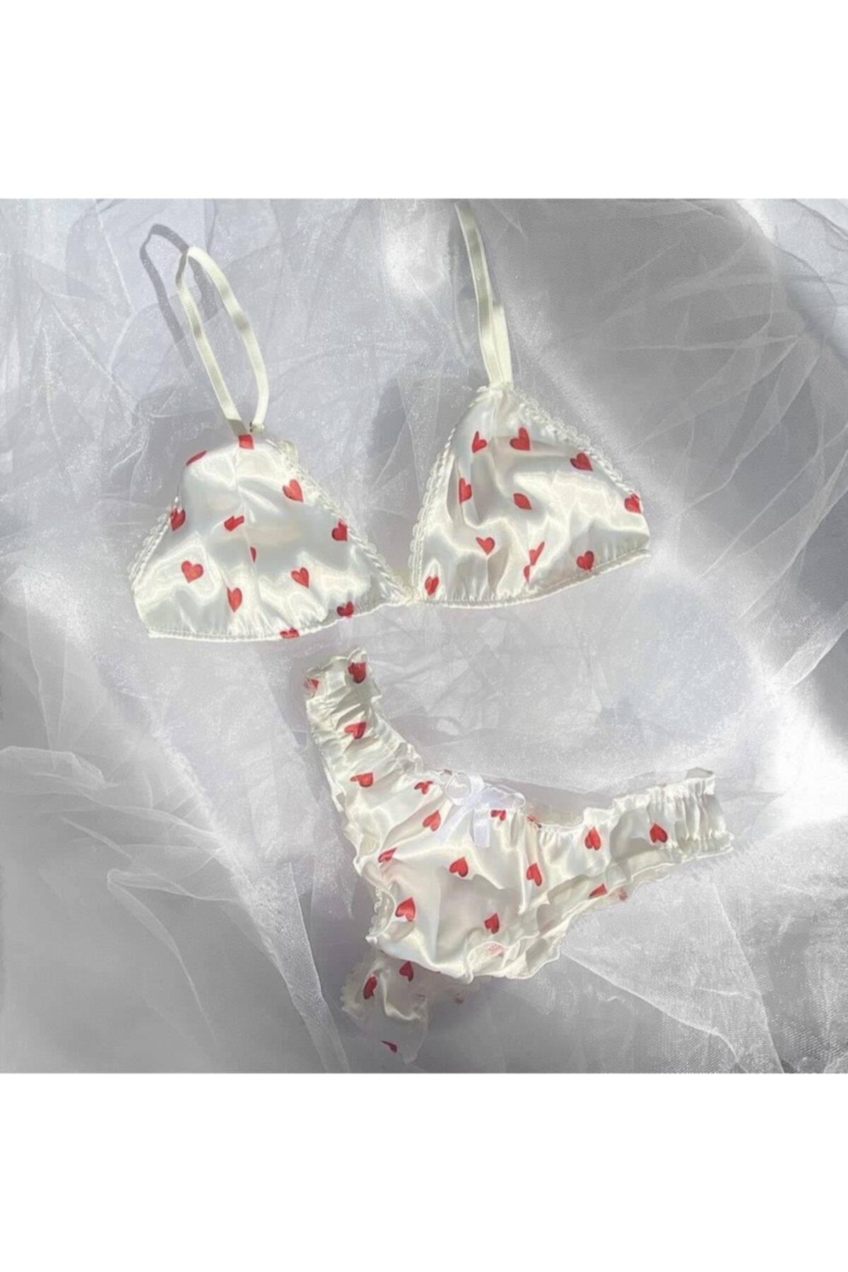 Heart Patterned Satin Bralette Set