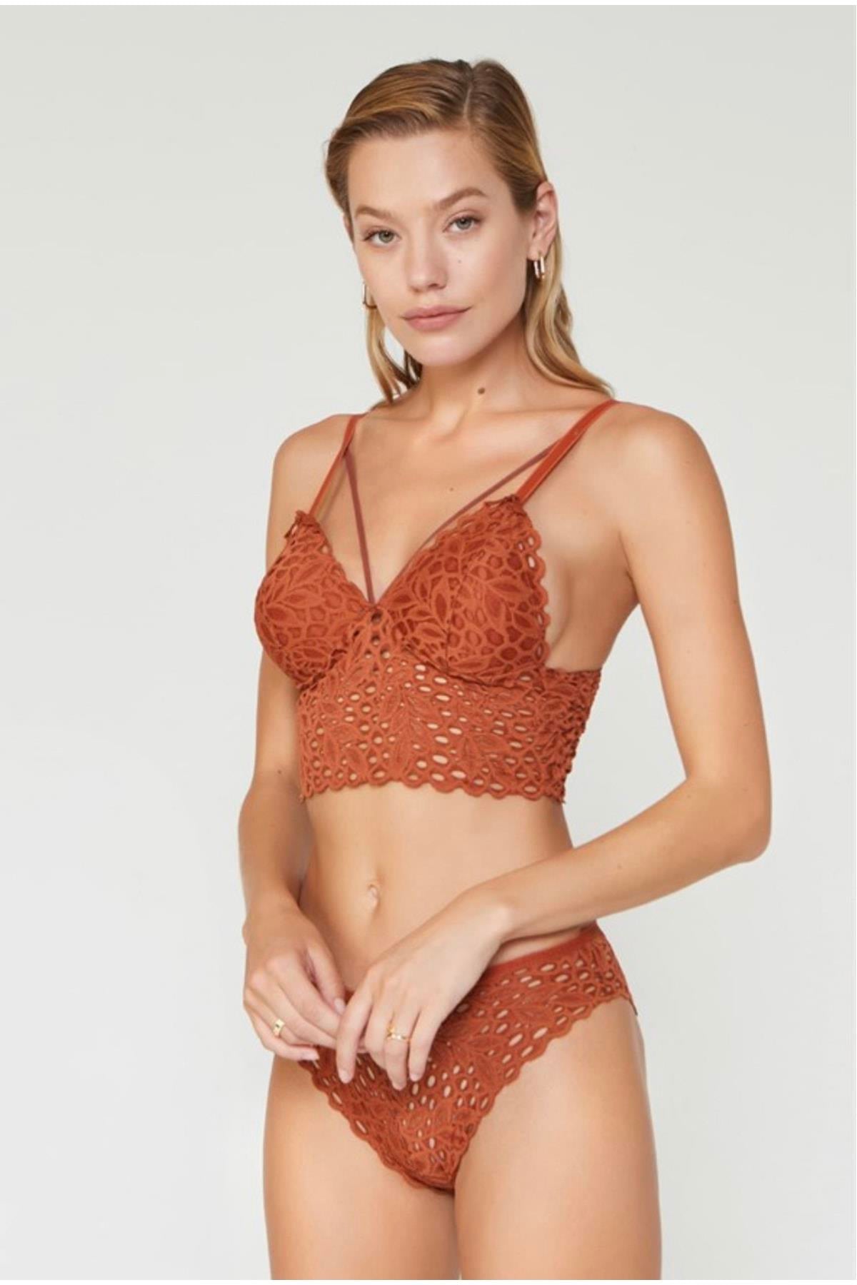 Kiremit Rengi Dantelli Bralet Takımı