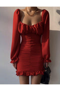 Kırmızı Drape Elbise Mini Elbise Yılbaşı Elbise