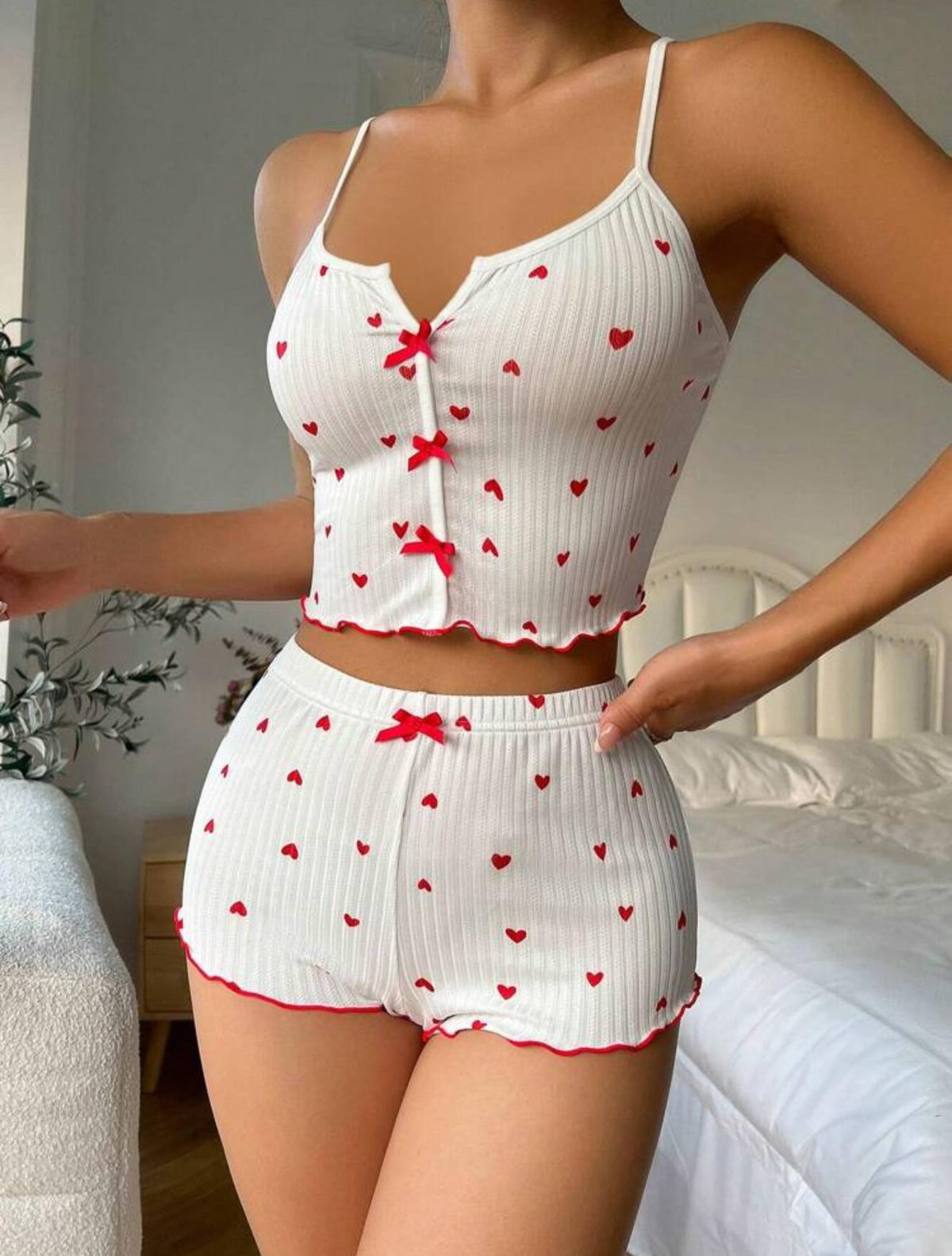 Red Heart Detail Shorts Mini Pajama Set