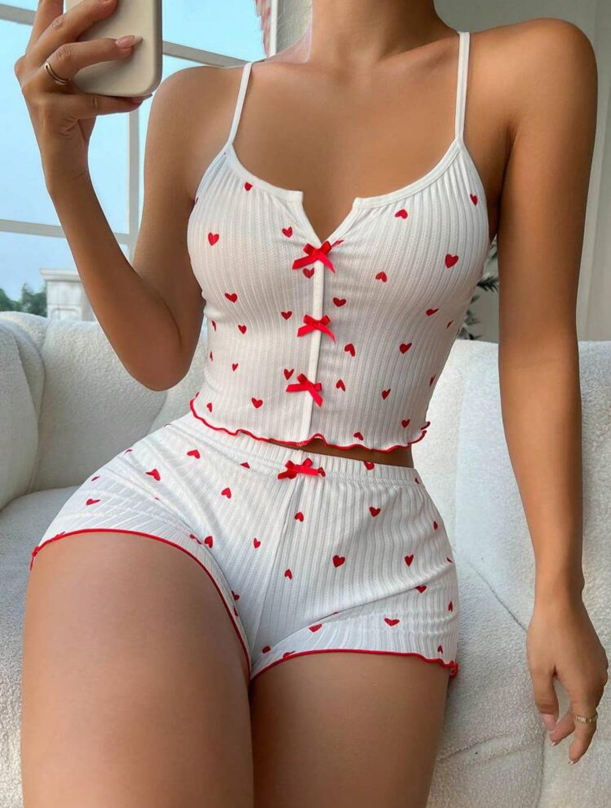 Red Heart Detail Shorts Mini Pajama Set