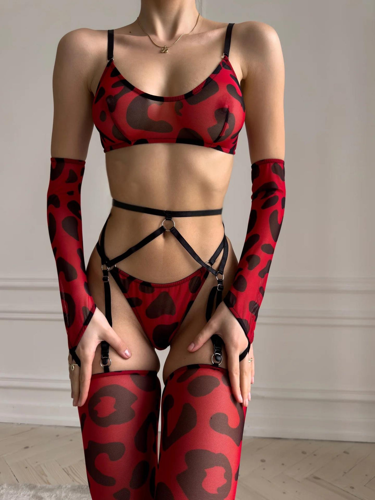 Red Leopard Print Garter Set