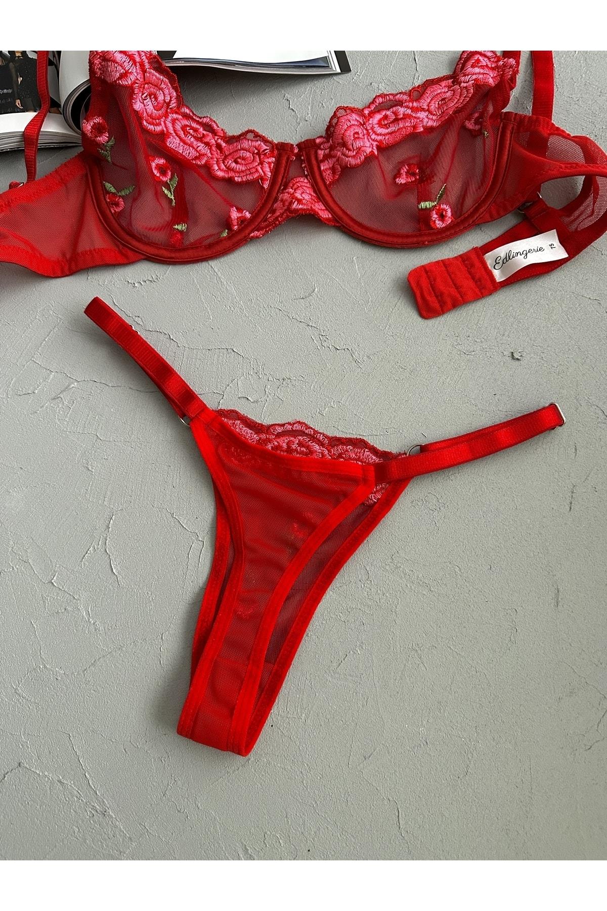 Kırmızı Love Flowers Bralet Takımı