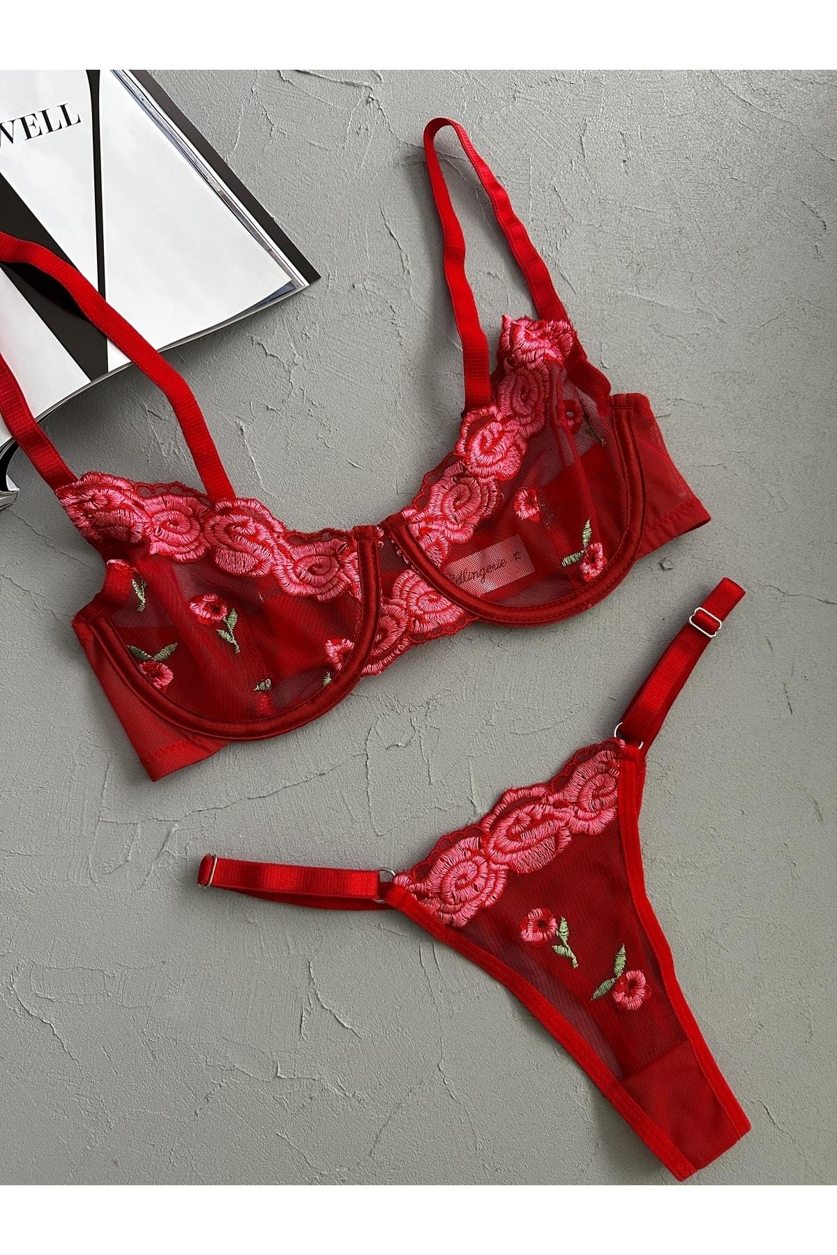 Kırmızı Love Flowers Bralet Takımı
