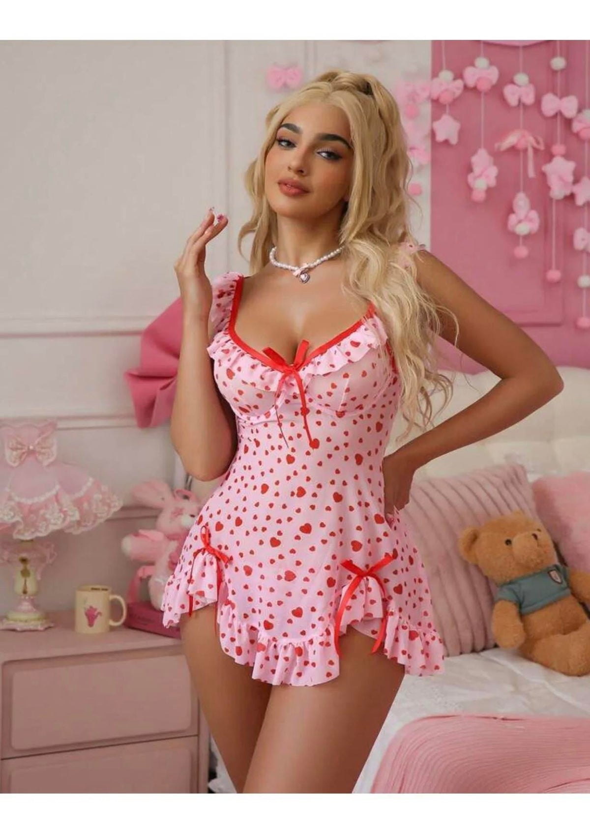 Red and Pink Heart Patterned Babydoll