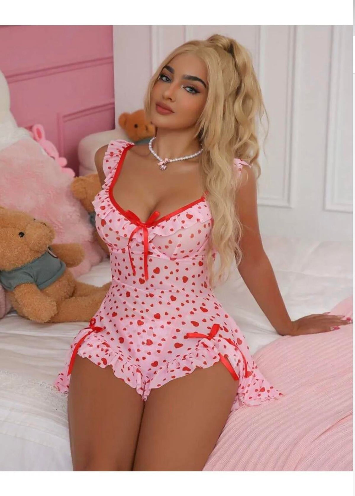 Red and Pink Heart Patterned Babydoll