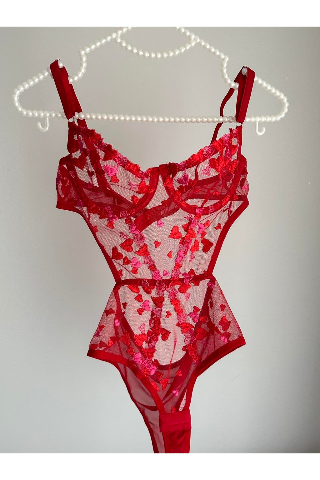 Kırmızı Pembe Kalp Detaylı Balenli Bodysuit