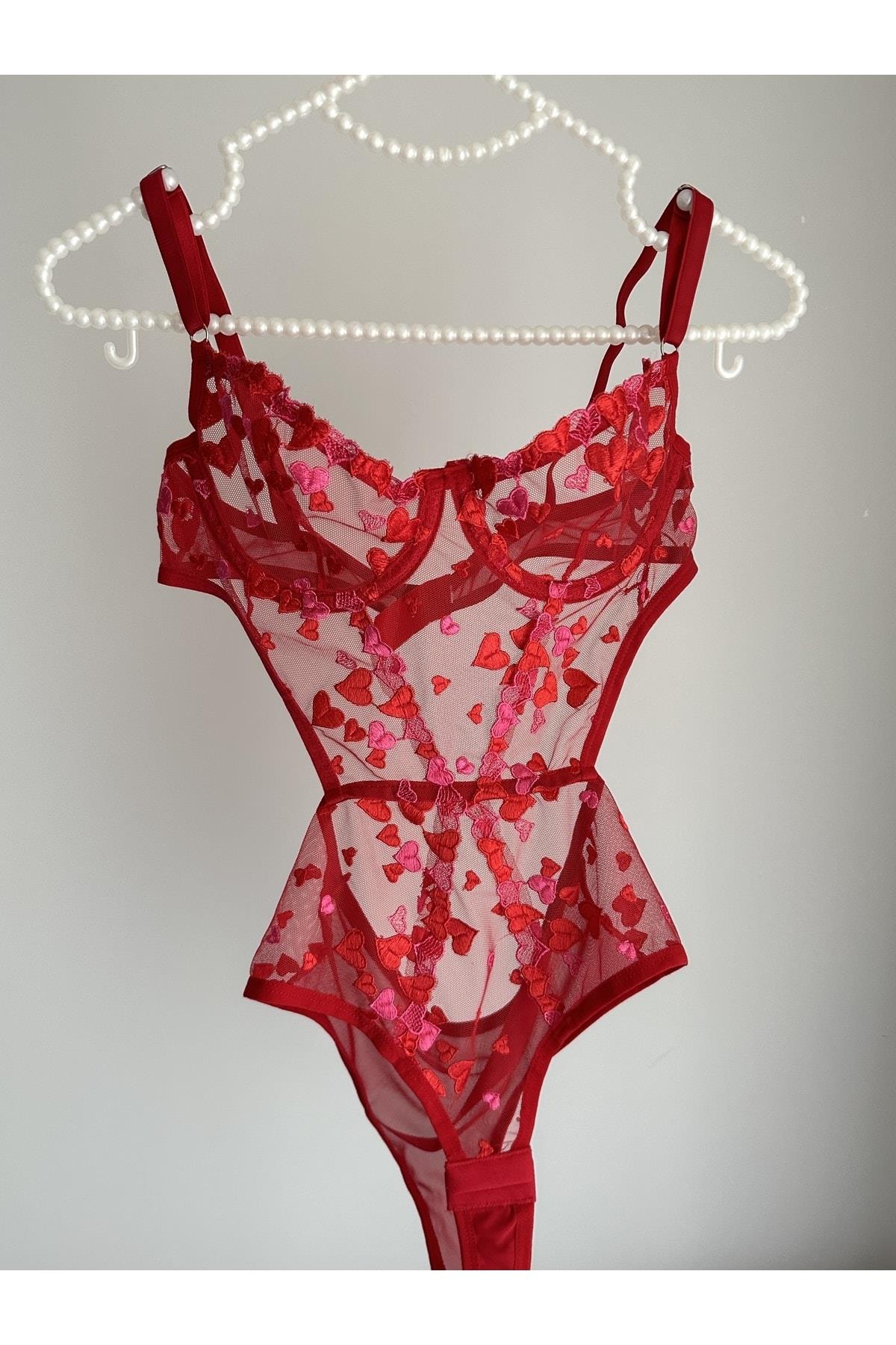 Kırmızı Pembe Kalp Detaylı Balenli Bodysuit