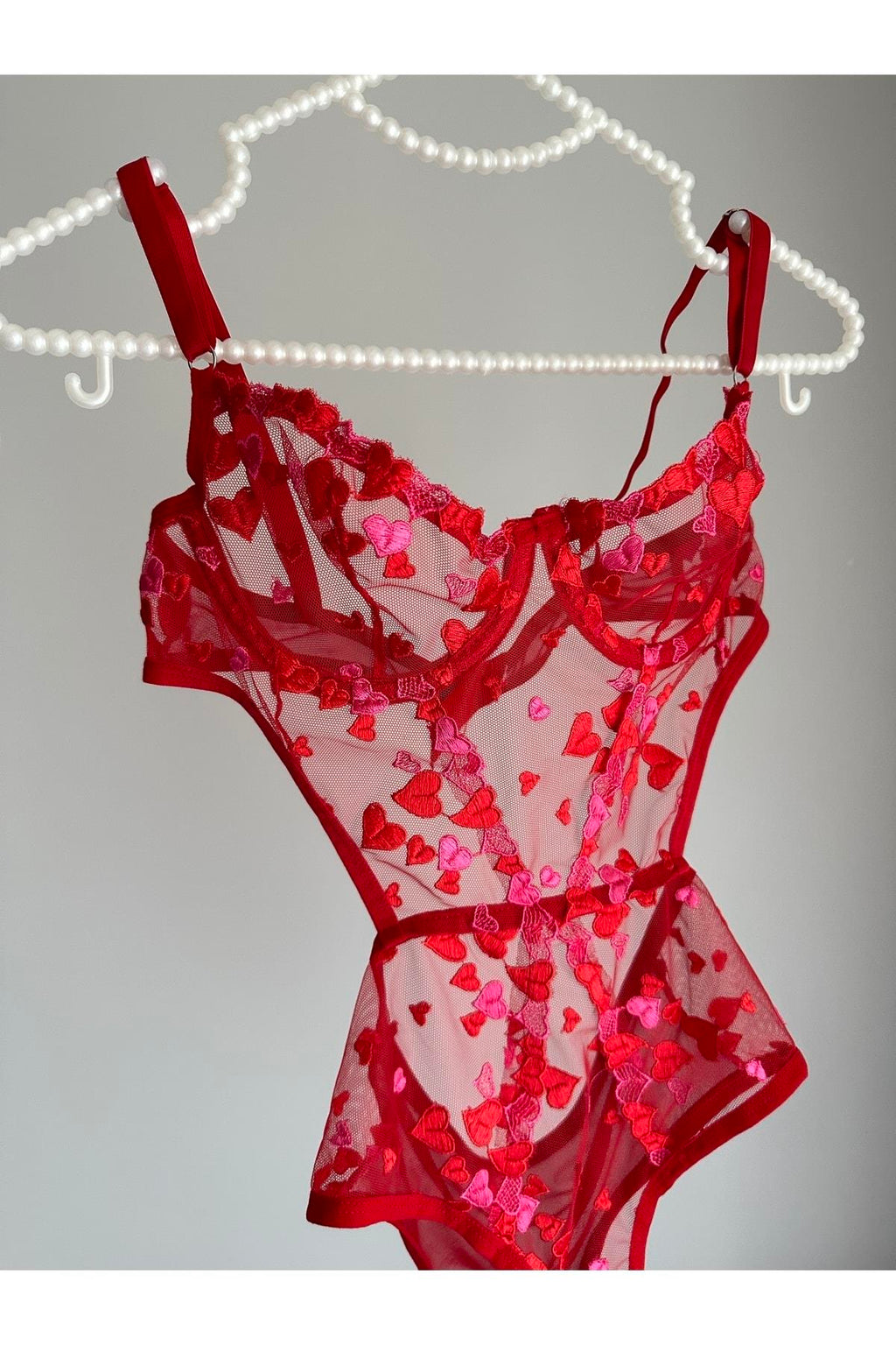Kırmızı Pembe Kalp Detaylı Balenli Bodysuit