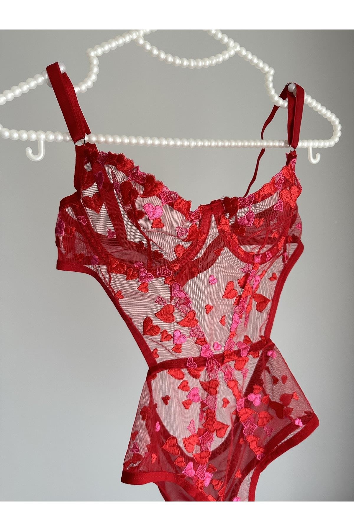 Red and Pink Heart Detail Underwired Bodysuit