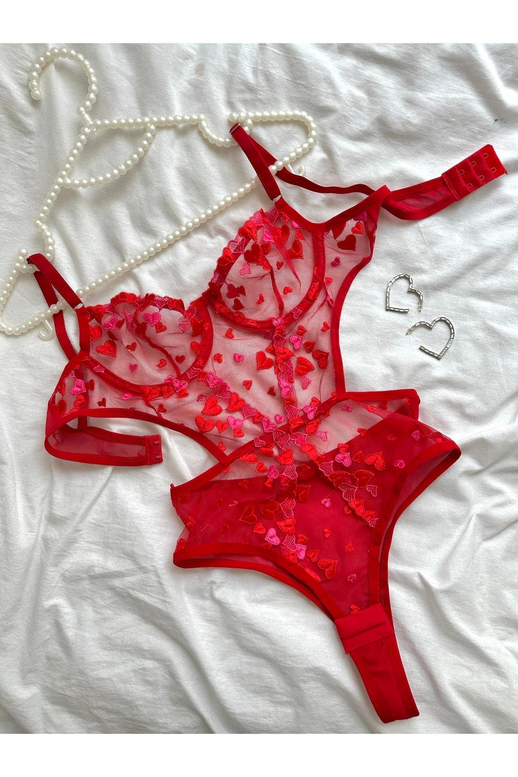 Kırmızı Pembe Kalp Detaylı Balenli Bodysuit