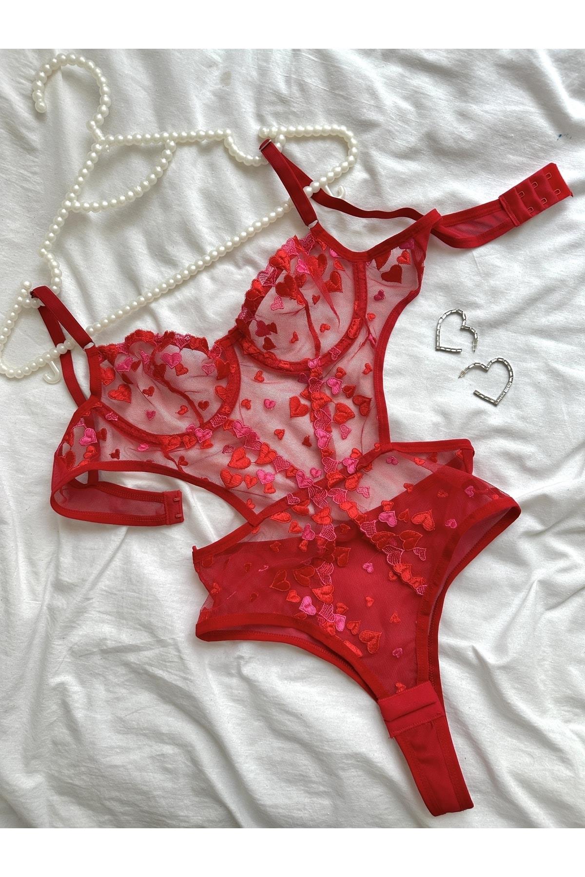 Kırmızı Pembe Kalp Detaylı Balenli Bodysuit