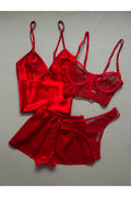 Kırmızı Saten Gecelik Bralet Takımı Set