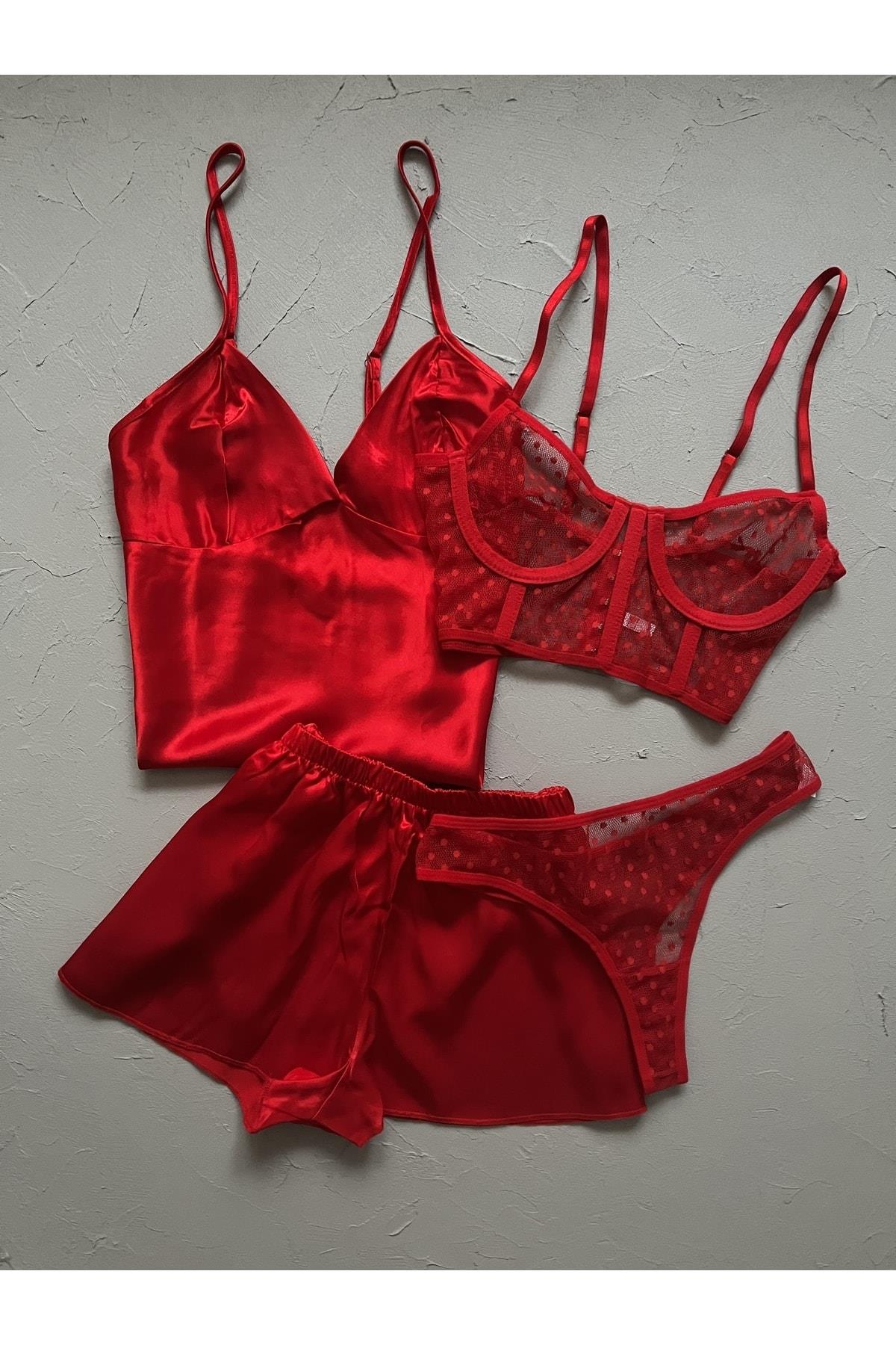 Red Satin Nightgown and Bralette Set