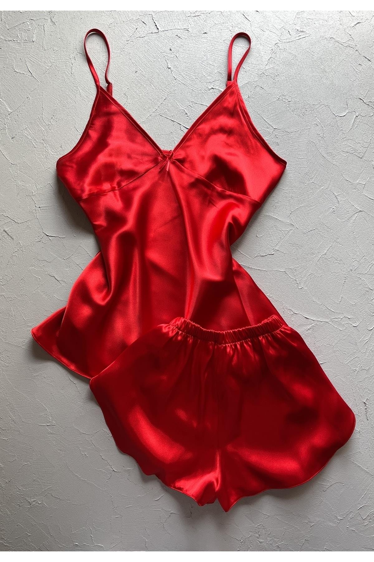 Red Satin Nightgown and Shorts Set