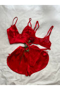 Red Tulle Bralette Set and Satin Shorts Set