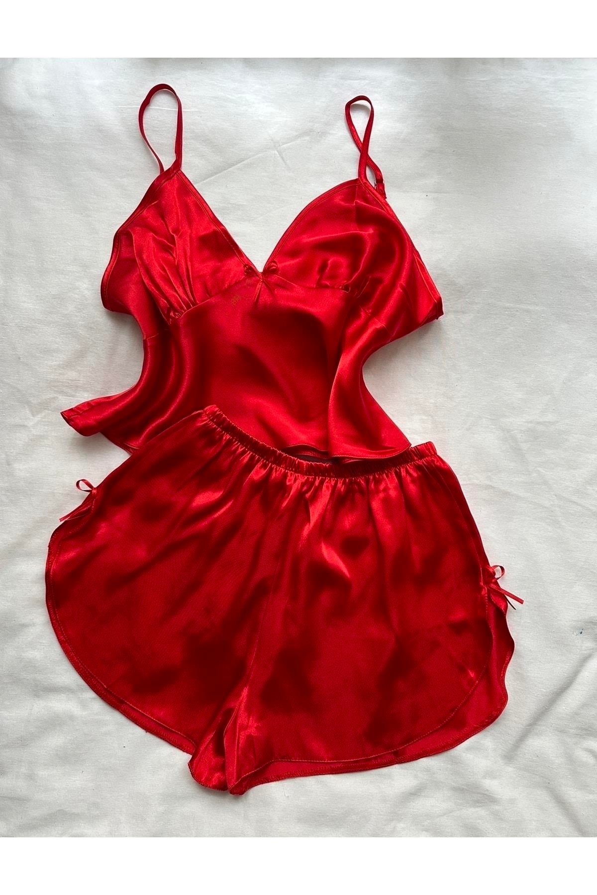 Kırmızı Tül Bralet Takım Ve Saten Şortlu Takım Set