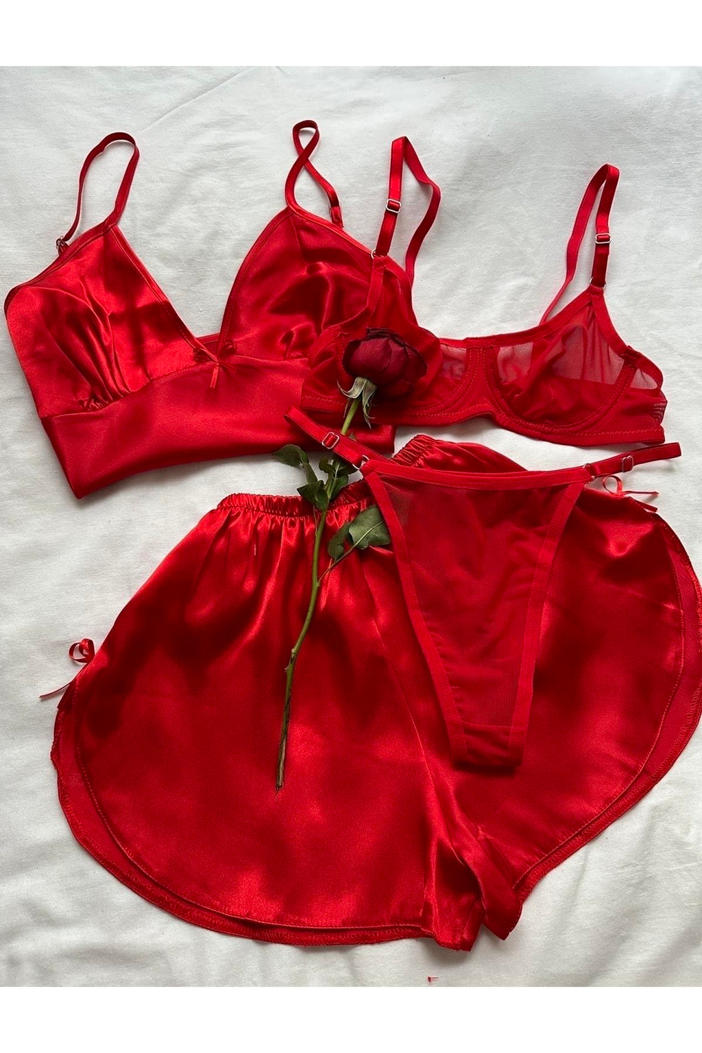 Red Tulle Bralette Set and Satin Shorts Set
