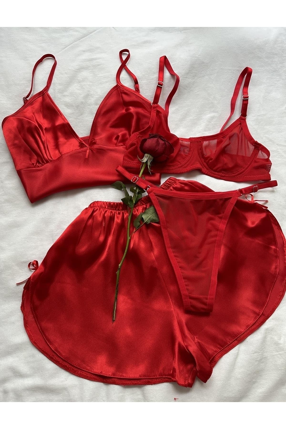 Kırmızı Tül Bralet Takım Ve Saten Şortlu Takım Set