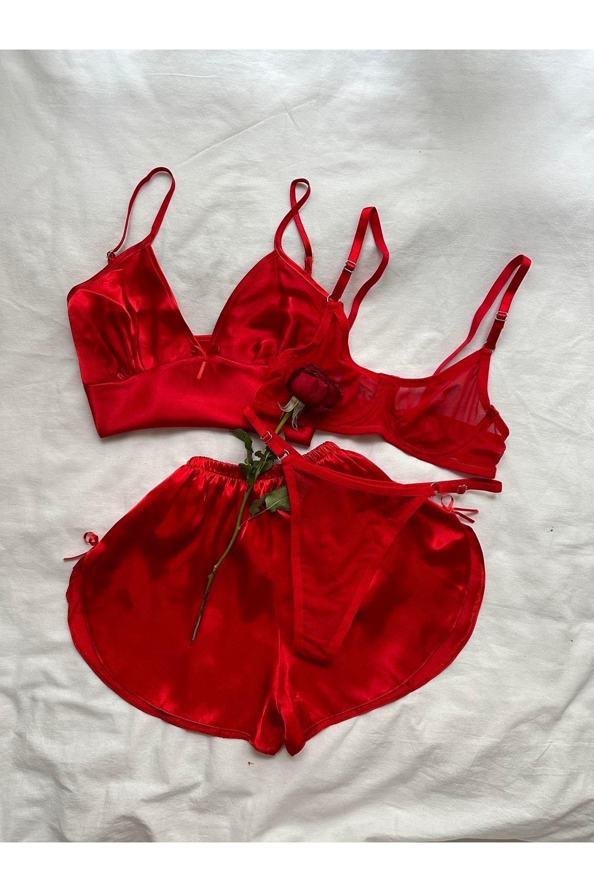 Kırmızı Tül Bralet Takım Ve Saten Şortlu Takım Set
