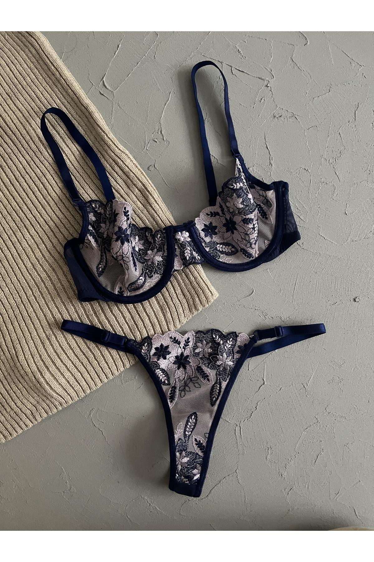 Lacivert Balenli Bralet Takımı