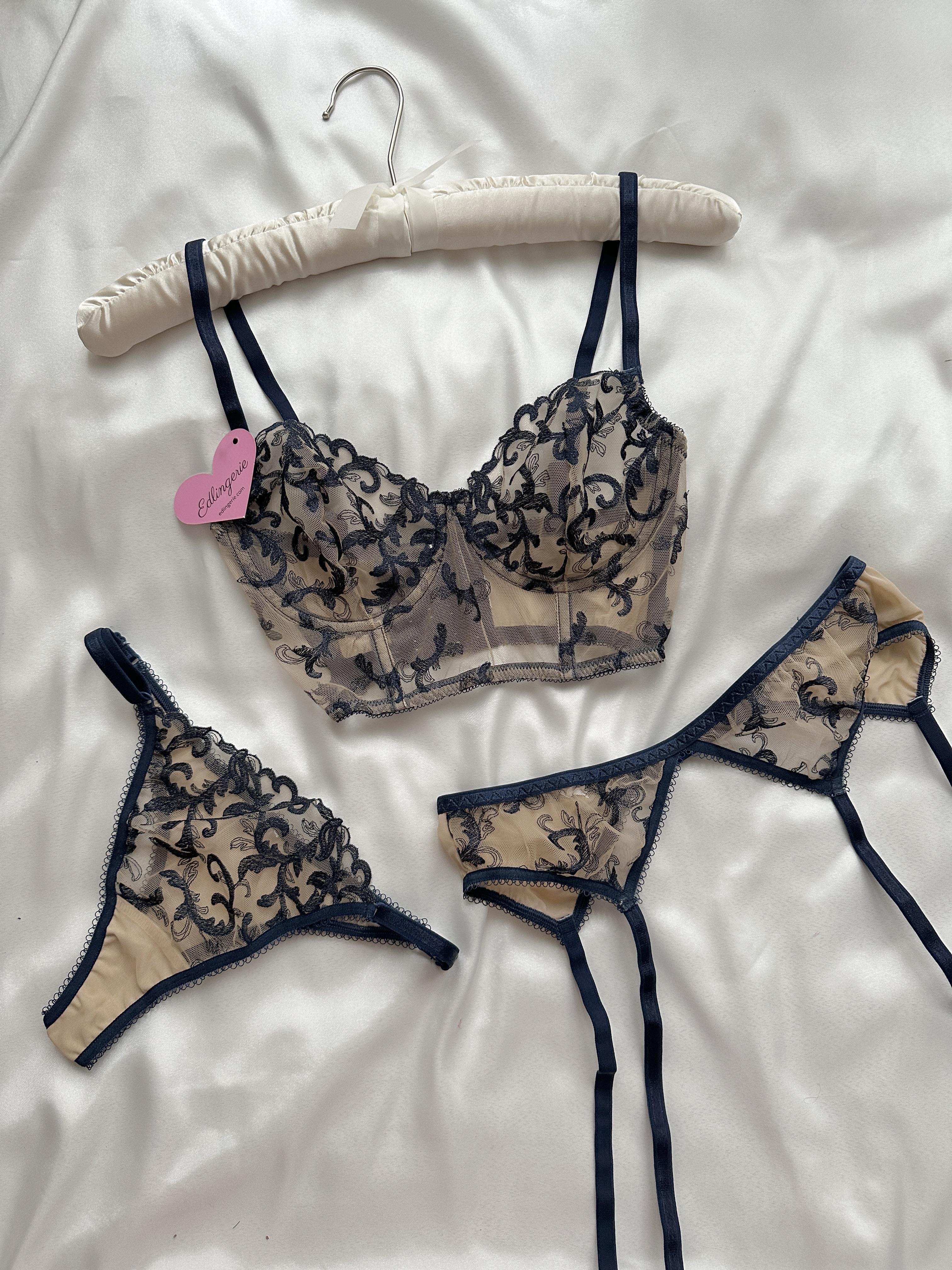 Navy Embroidered Garter Set