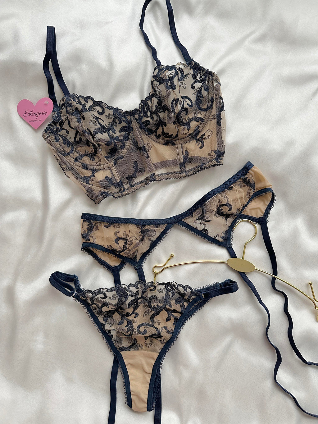 Navy Embroidered Garter Set