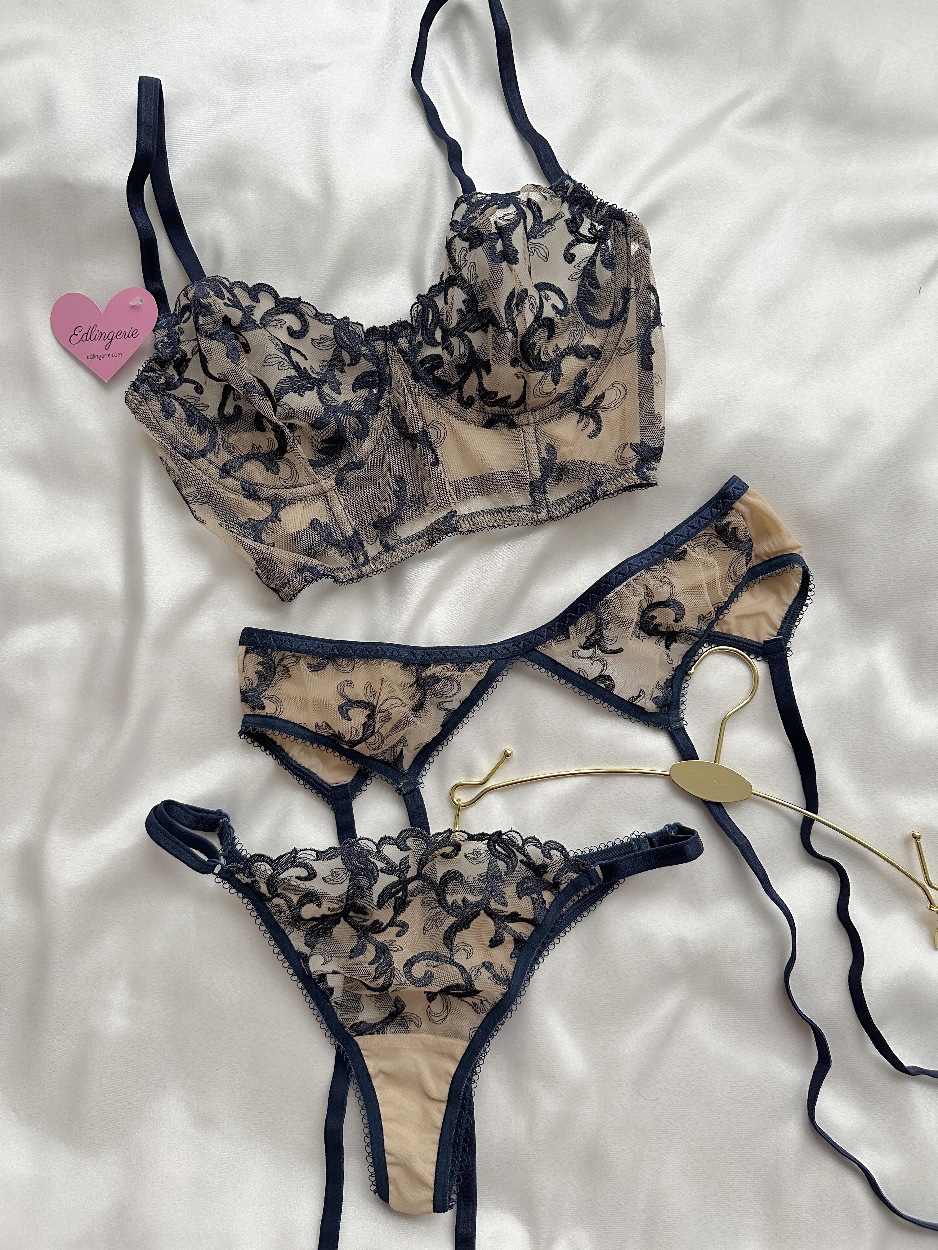 Navy Embroidered Garter Set